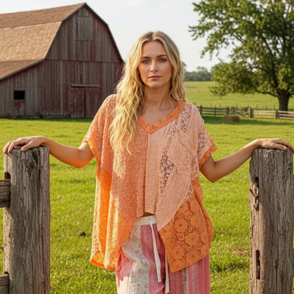 POL Lace Patchwork Asymmetrical Drape Shirt Oversized V-Neck Exposed Seam Top - Picture 7 of 12